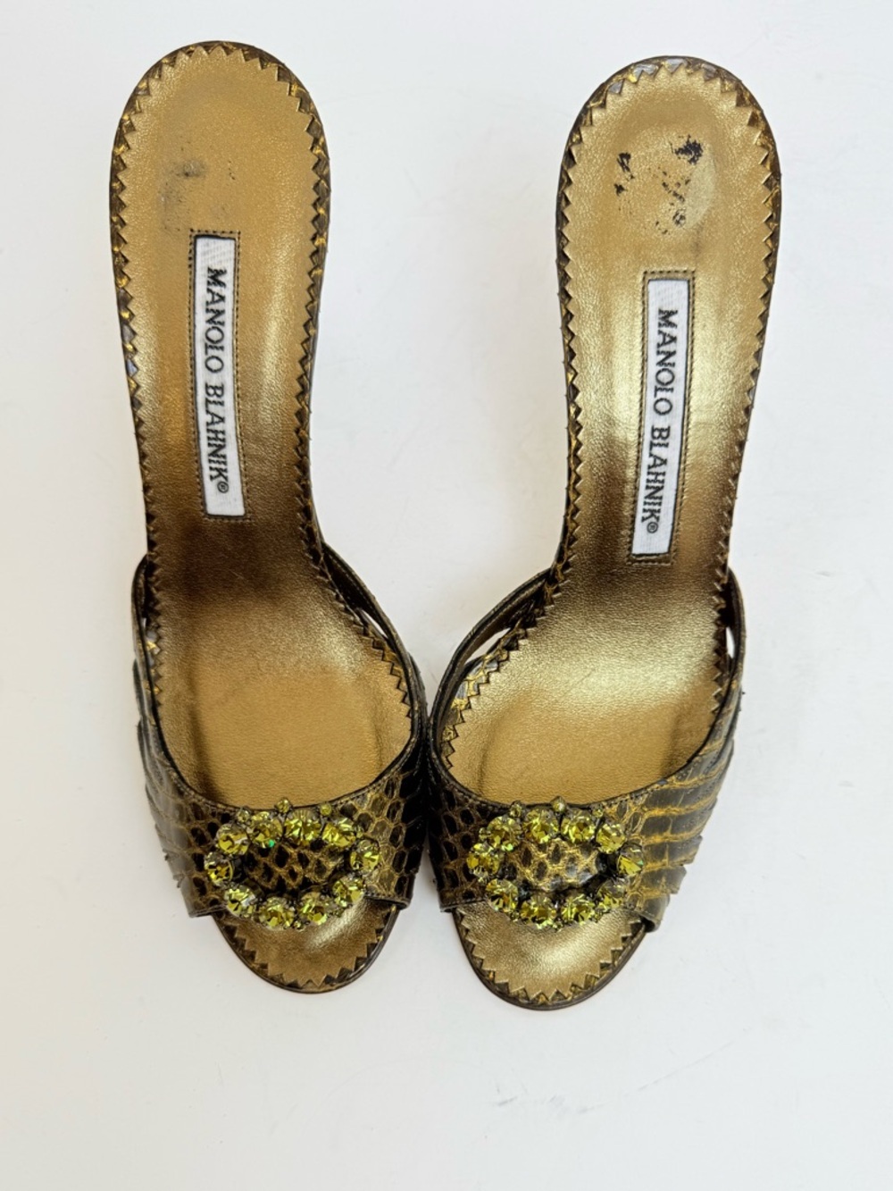 Manolo Blahnik Metallic Green snakeskin Crystal Embellished High Heel Mules 36.5 - Picture 4 of 9